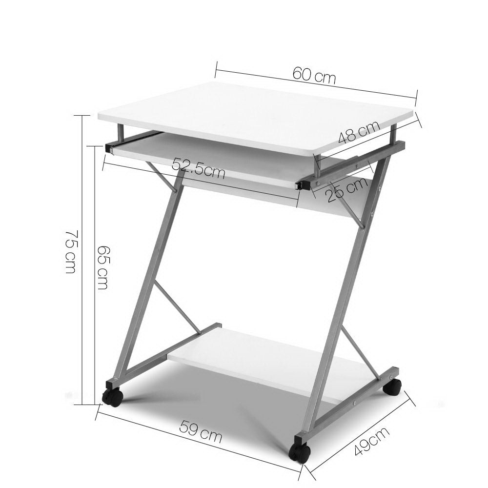 Artiss Metal Pull Out Table Desk in White with sliding keyboard tray and bottom shelf, showcasing its modern design and mobility features.