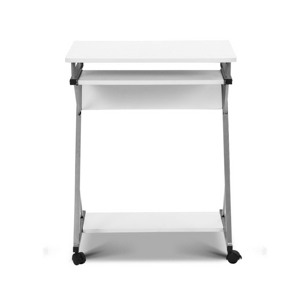 Artiss Metal Pull Out Table Desk in White with sliding keyboard tray and bottom shelf, showcasing its modern design and mobility features.