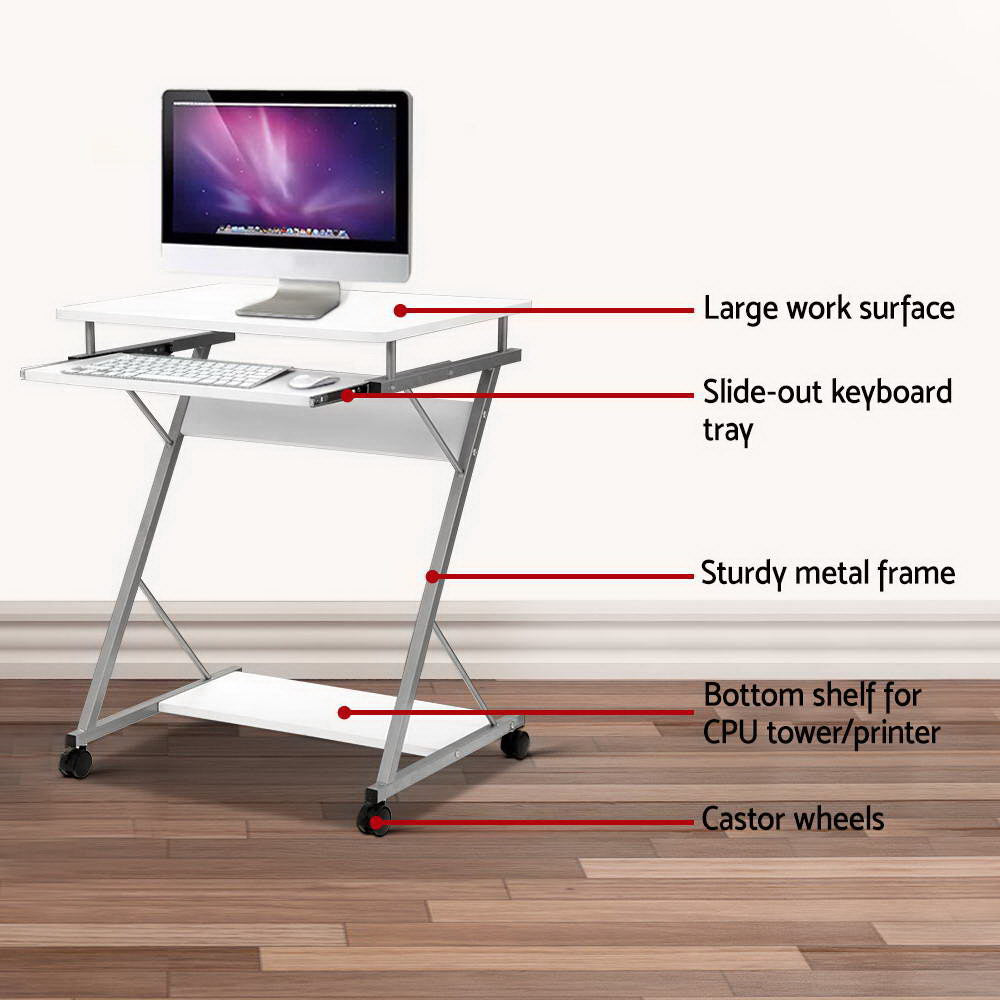 Artiss Metal Pull Out Table Desk in White with sliding keyboard tray and bottom shelf, showcasing its modern design and mobility features.