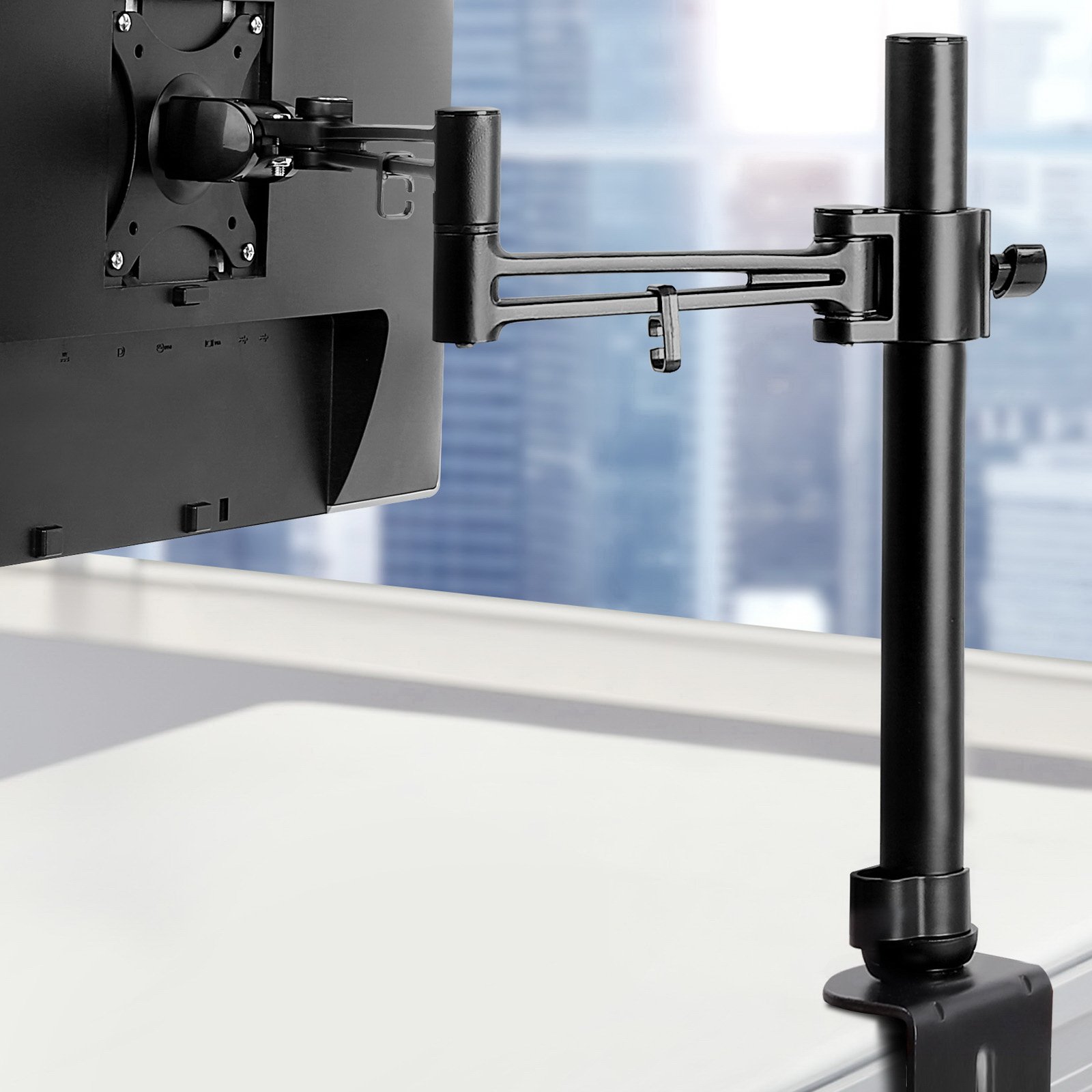 Artiss Monitor Arm Mount Single Black, fully adjustable with a sleek design, showcasing its extendable arm and sturdy base.