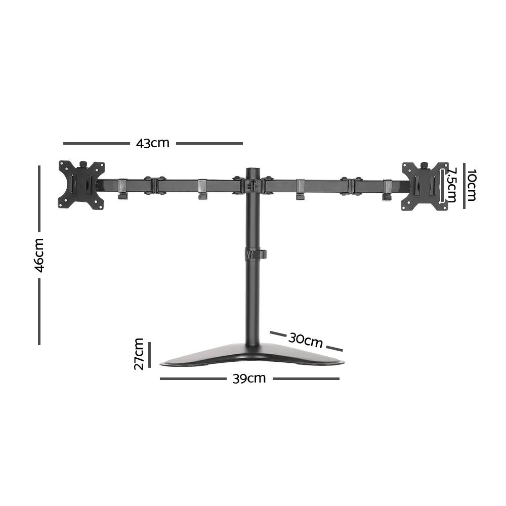 Artiss Dual Monitor Arm Stand in black, showcasing its adjustable arms and sturdy design, suitable for two monitors up to 32 inches.