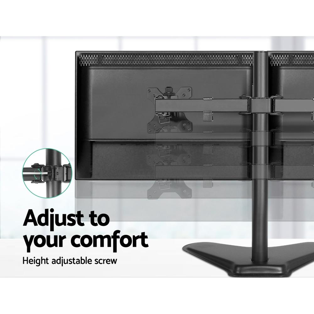 Artiss Dual Monitor Arm Stand in black, showcasing its adjustable arms and sturdy design, suitable for two monitors up to 32 inches.