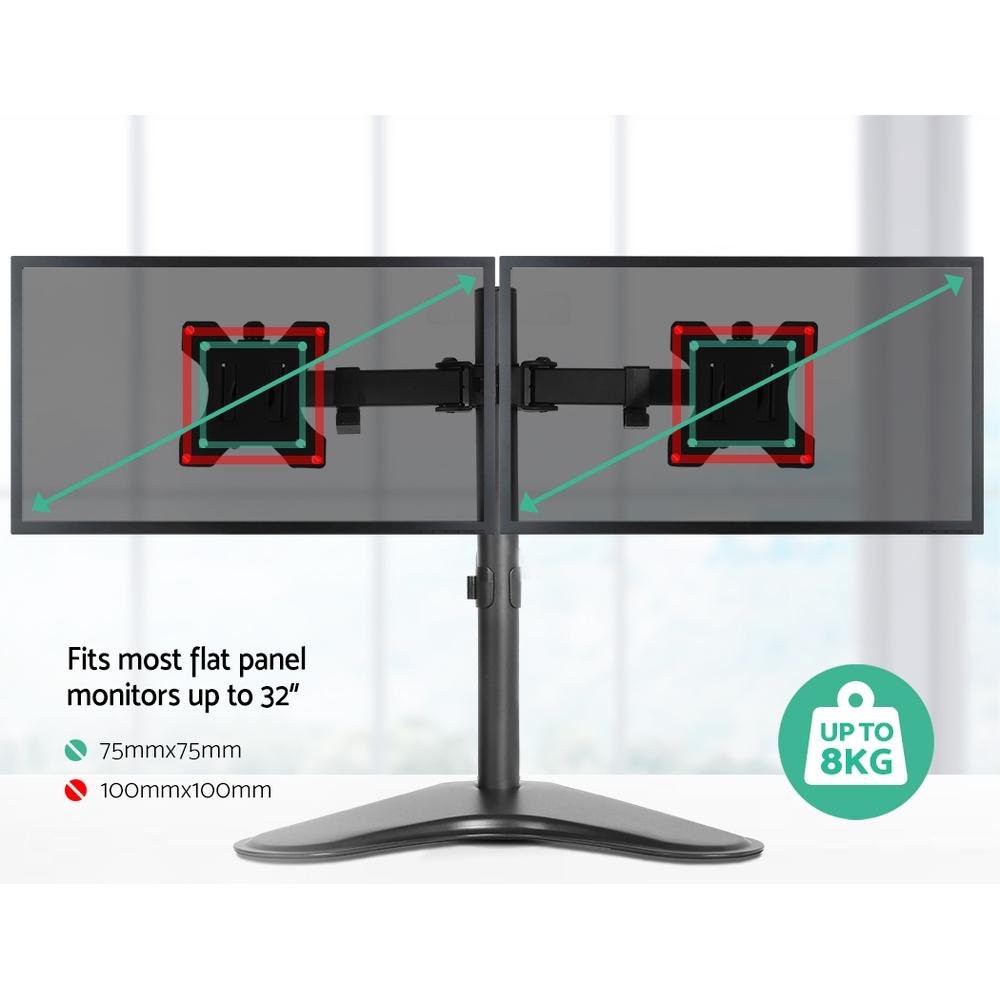 Artiss Dual Monitor Arm Stand in black, showcasing its adjustable arms and sturdy design, suitable for two monitors up to 32 inches.