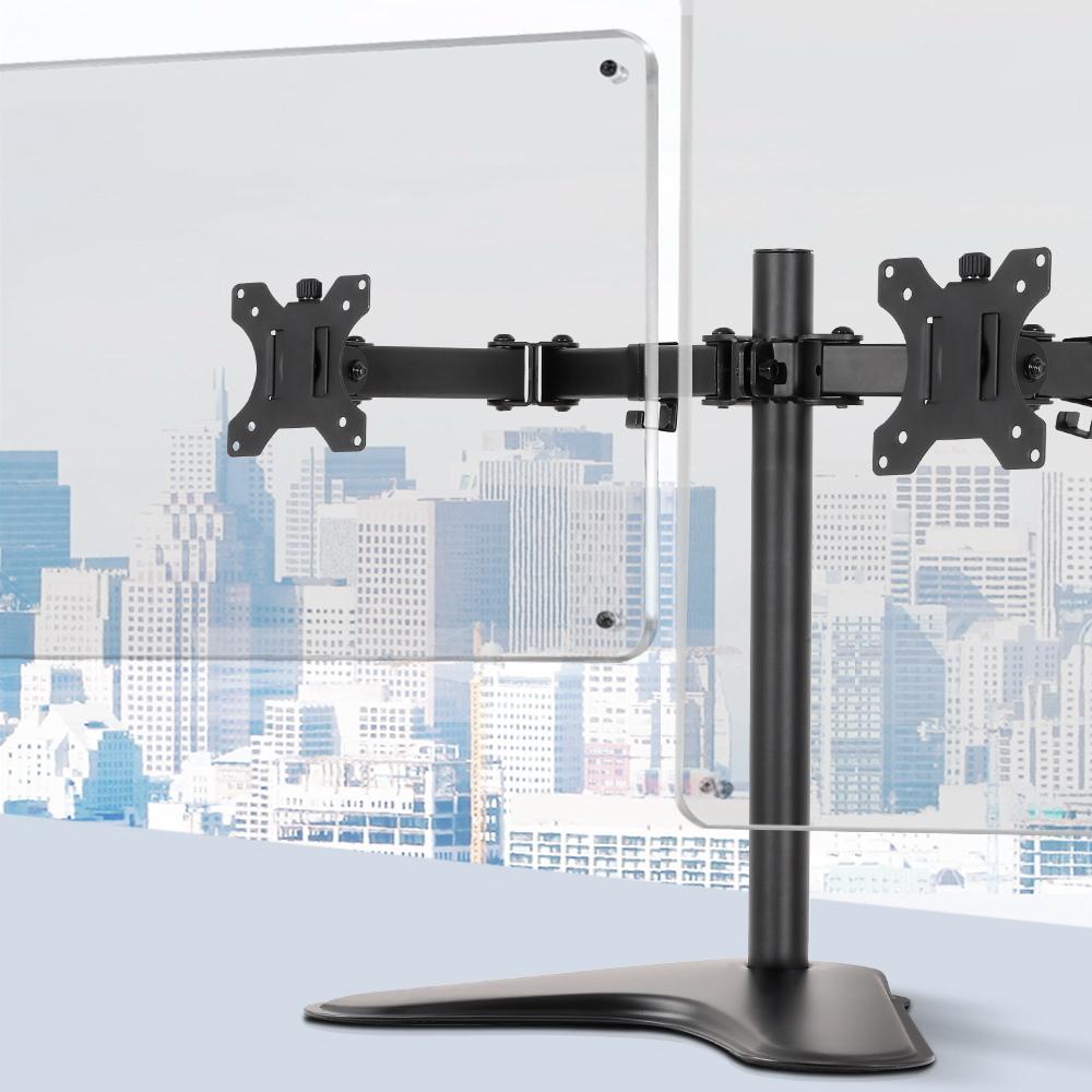 Artiss Dual Monitor Arm Stand in black, showcasing its adjustable arms and sturdy design, suitable for two monitors up to 32 inches.