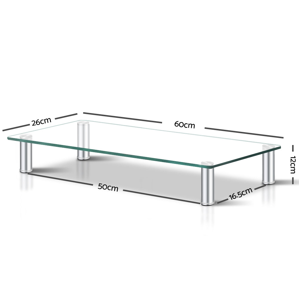 Artiss Monitor Stand Desktop Riser made of clear tempered glass with adjustable aluminum legs, designed for ergonomic workspace elevation.