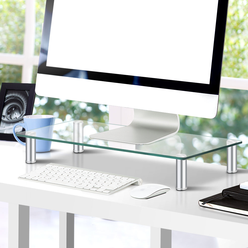 Artiss Monitor Stand Desktop Riser made of clear tempered glass with adjustable aluminum legs, designed for ergonomic workspace elevation.