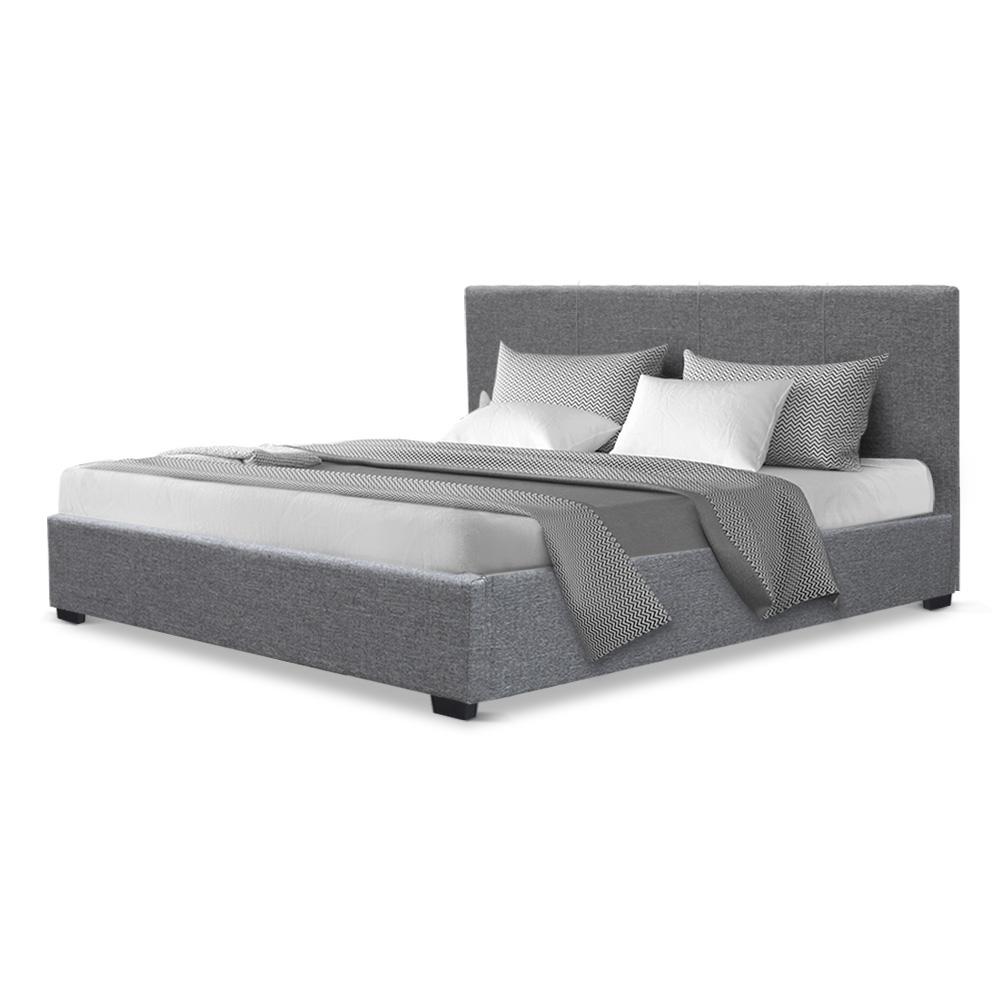 Artiss Nino Grey Queen Bed Frame featuring faux-linen upholstery and gas lift storage mechanism.