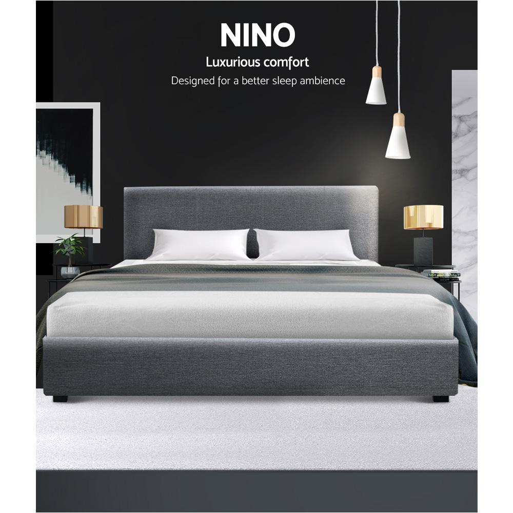 Artiss Nino Grey Queen Bed Frame featuring faux-linen upholstery and gas lift storage mechanism.