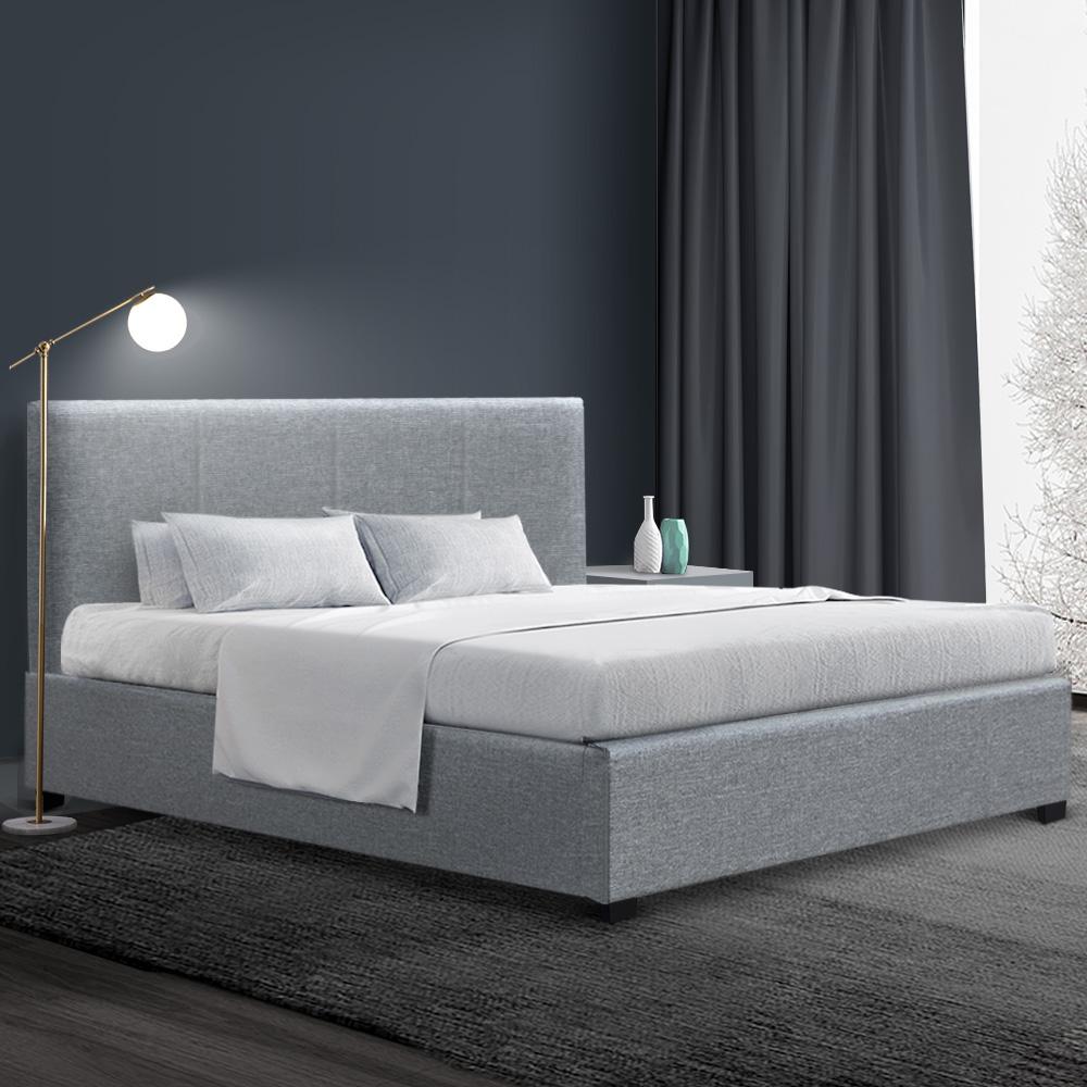 Artiss Nino Grey Queen Bed Frame featuring faux-linen upholstery and gas lift storage mechanism.