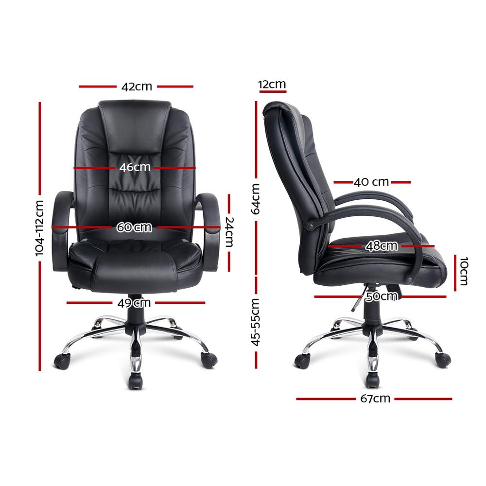 Artiss Office Chair in black PU leather with chrome base, featuring padded armrests and headrest, designed for gaming and executive use.