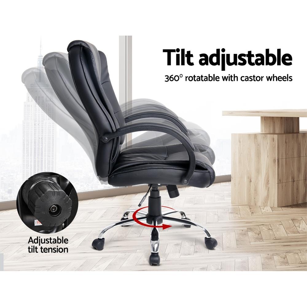 Artiss Office Chair in black PU leather with chrome base, featuring padded armrests and headrest, designed for gaming and executive use.