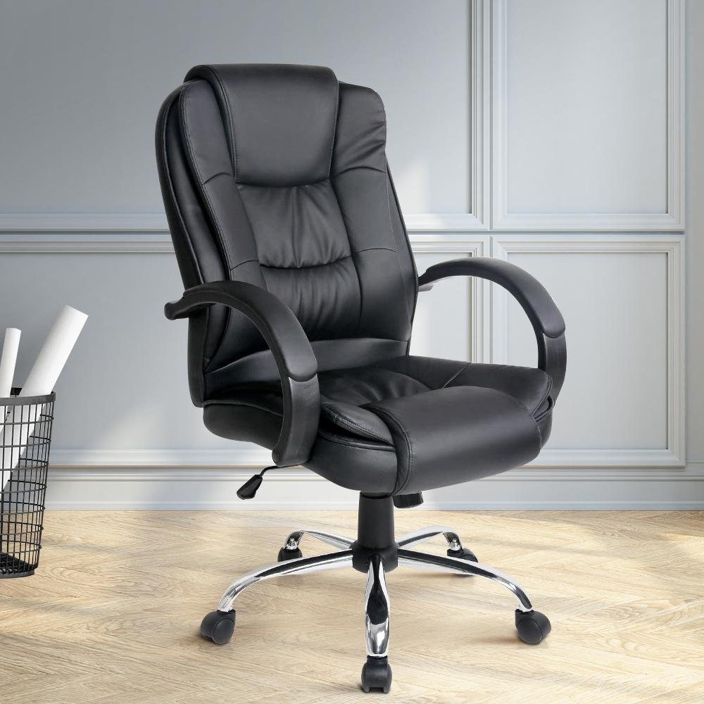 Artiss Office Chair in black PU leather with chrome base, featuring padded armrests and headrest, designed for gaming and executive use.