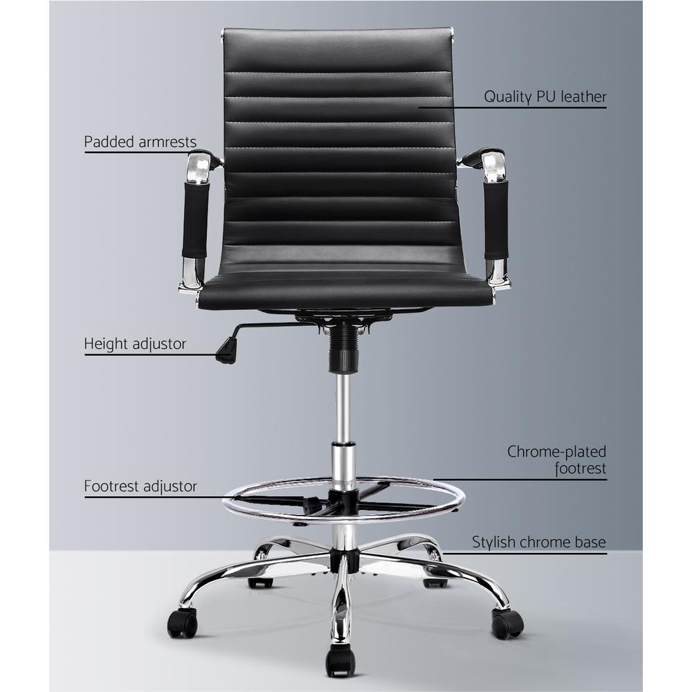 Artiss Office Chair Veer Drafting Stool with PU leather upholstery, chrome base, and adjustable features, perfect for modern workspaces.