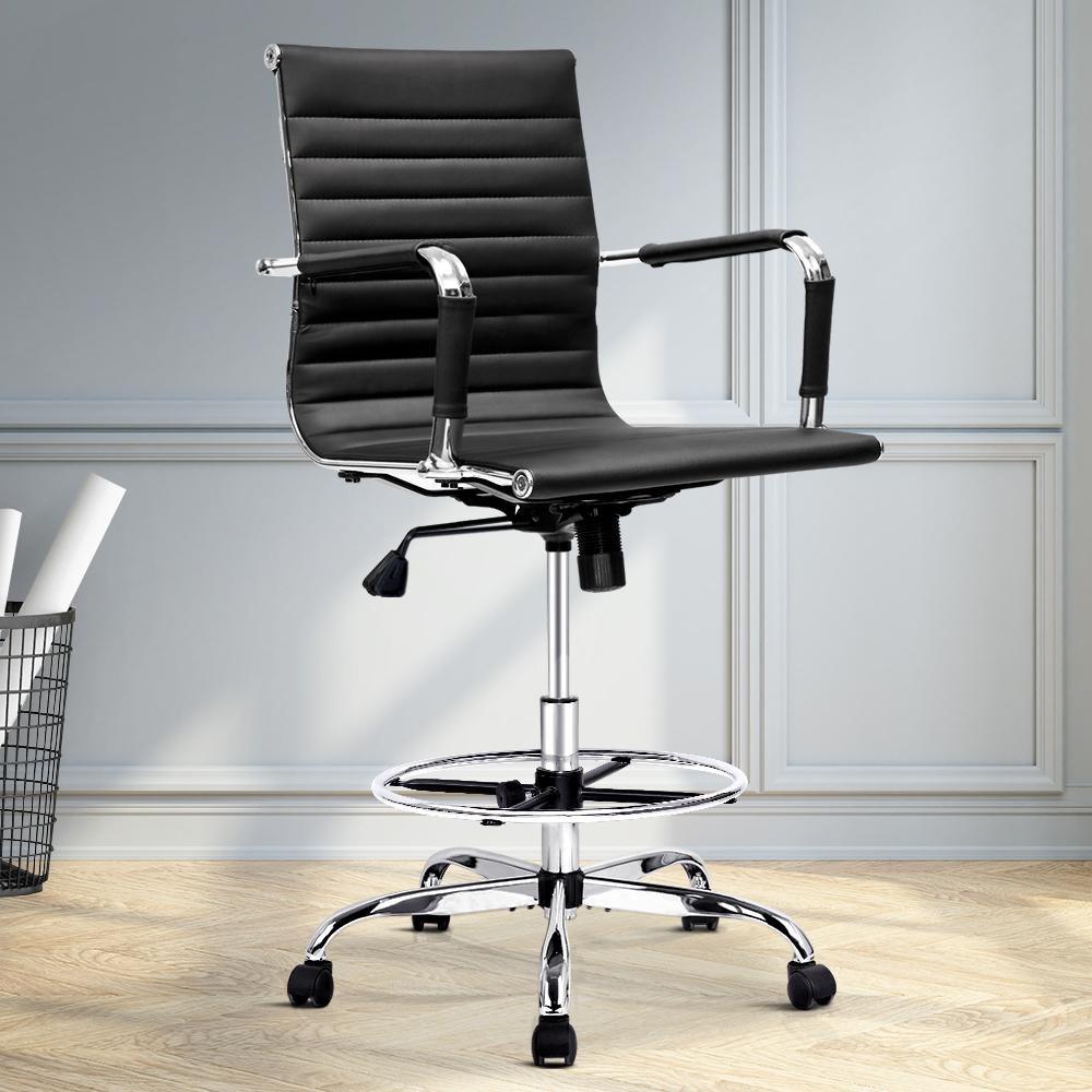 Artiss Office Chair Veer Drafting Stool with PU leather upholstery, chrome base, and adjustable features, perfect for modern workspaces.