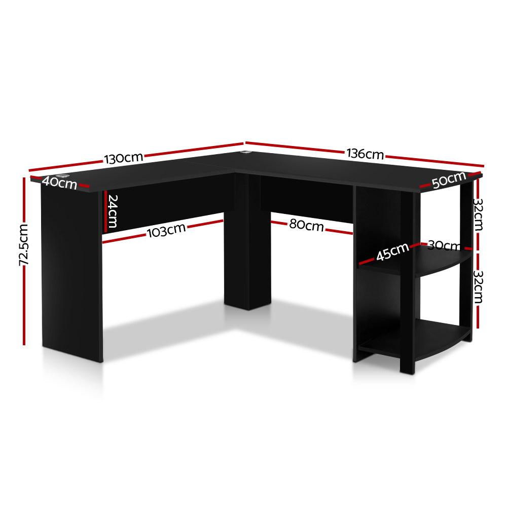 Artiss Office Computer Desk in black with L-shaped design, featuring open shelves and cable management for an organized workspace.