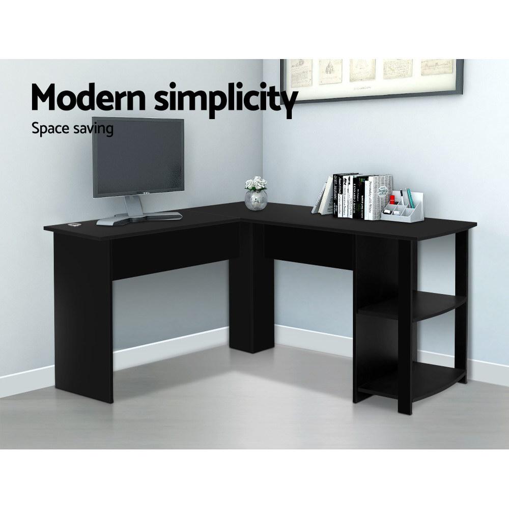 Artiss Office Computer Desk in black with L-shaped design, featuring open shelves and cable management for an organized workspace.