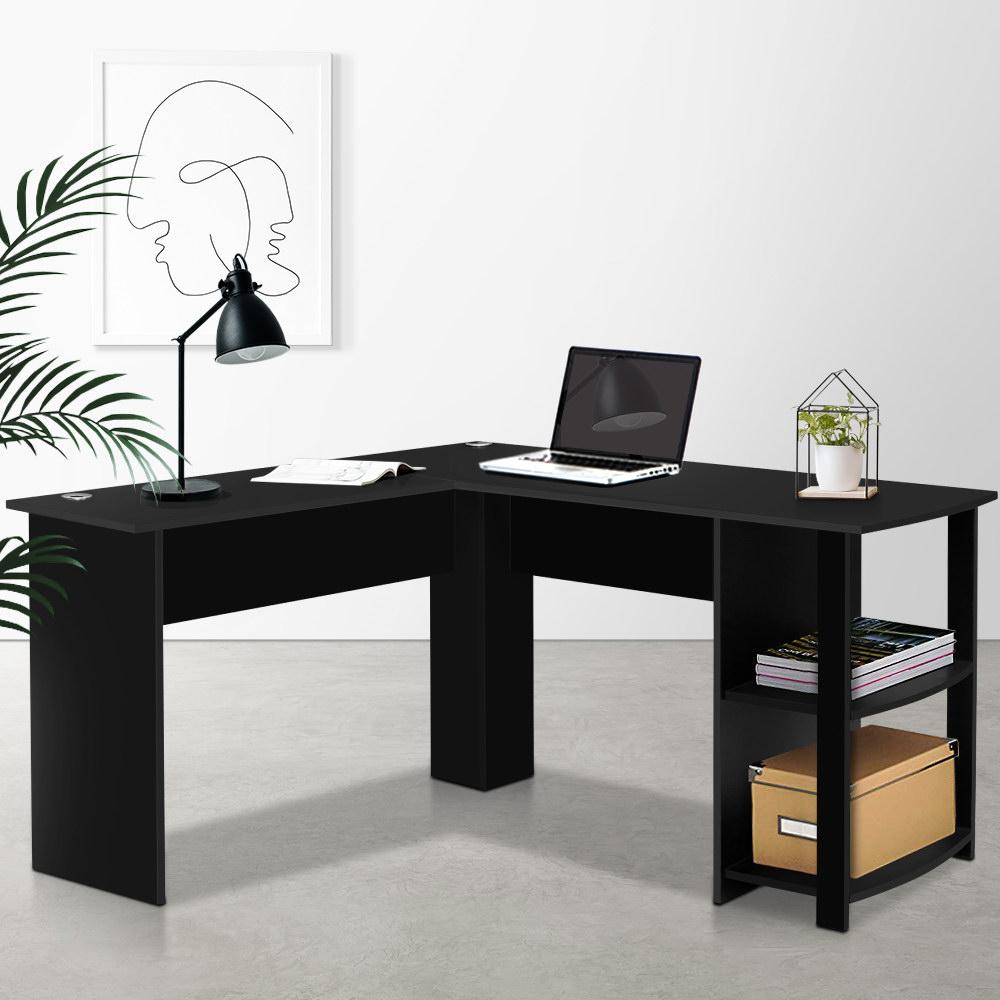 Artiss Office Computer Desk in black with L-shaped design, featuring open shelves and cable management for an organized workspace.