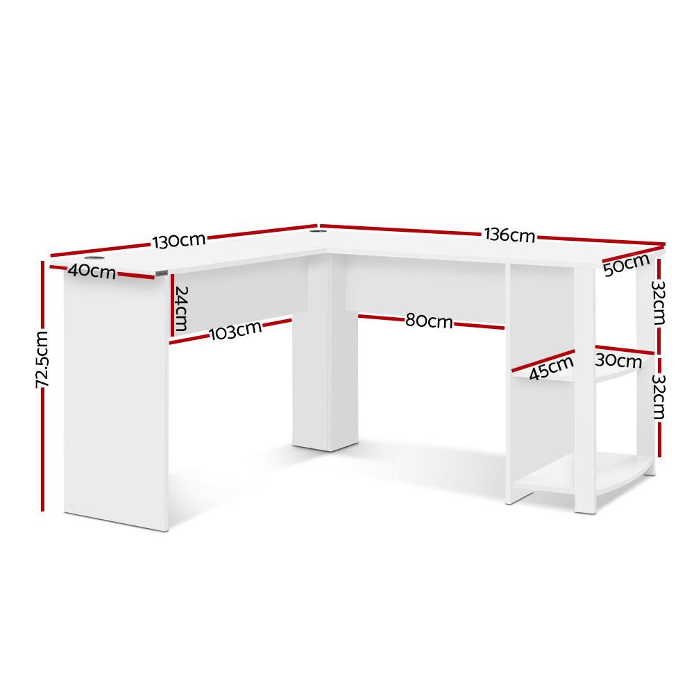 Artiss Office Computer Desk in white with L-shaped design, featuring open shelves and cable management for a tidy workspace.