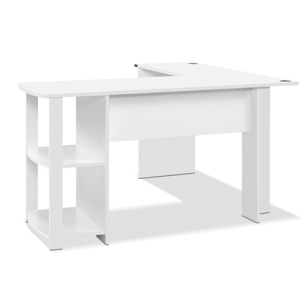 Artiss Office Computer Desk in white with L-shaped design, featuring open shelves and cable management for a tidy workspace.