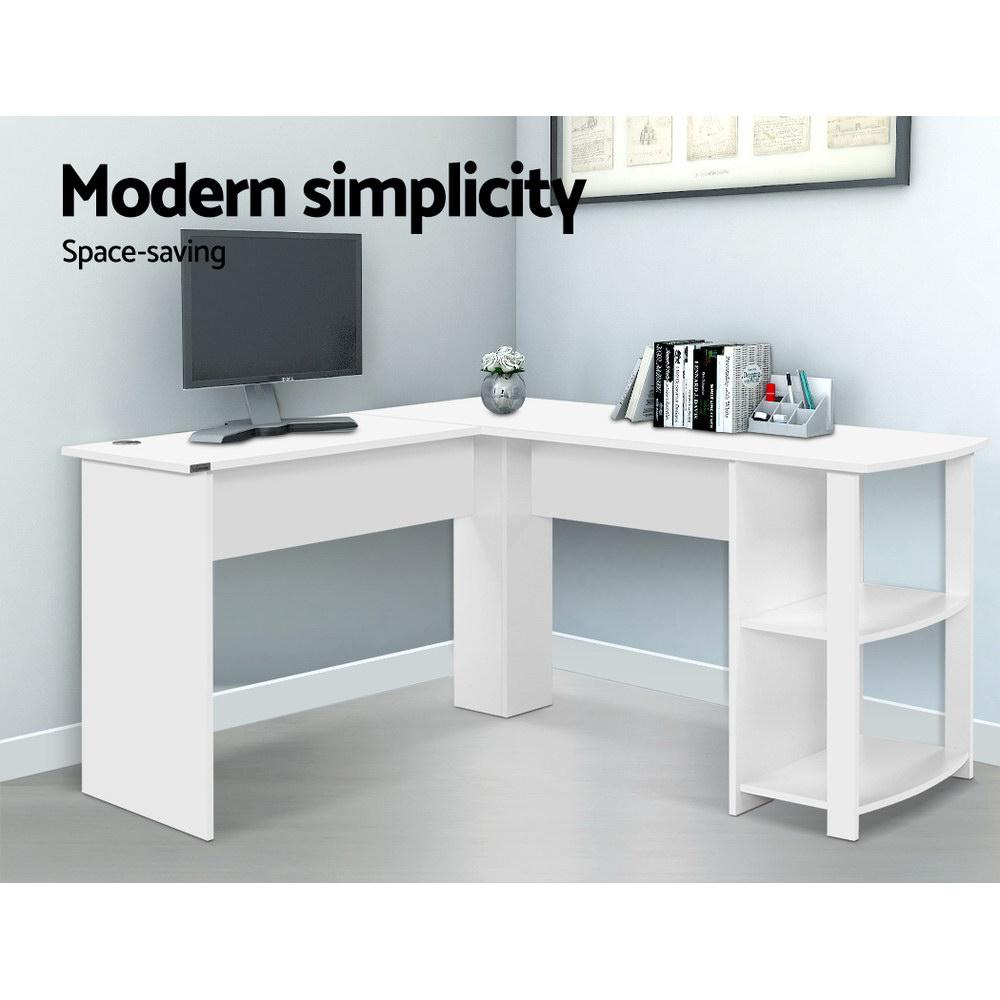 Artiss Office Computer Desk in white with L-shaped design, featuring open shelves and cable management for a tidy workspace.