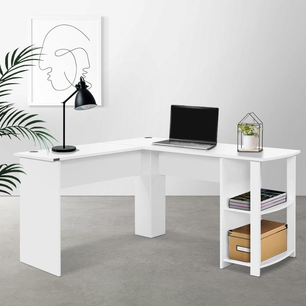 Artiss Office Computer Desk in white with L-shaped design, featuring open shelves and cable management for a tidy workspace.