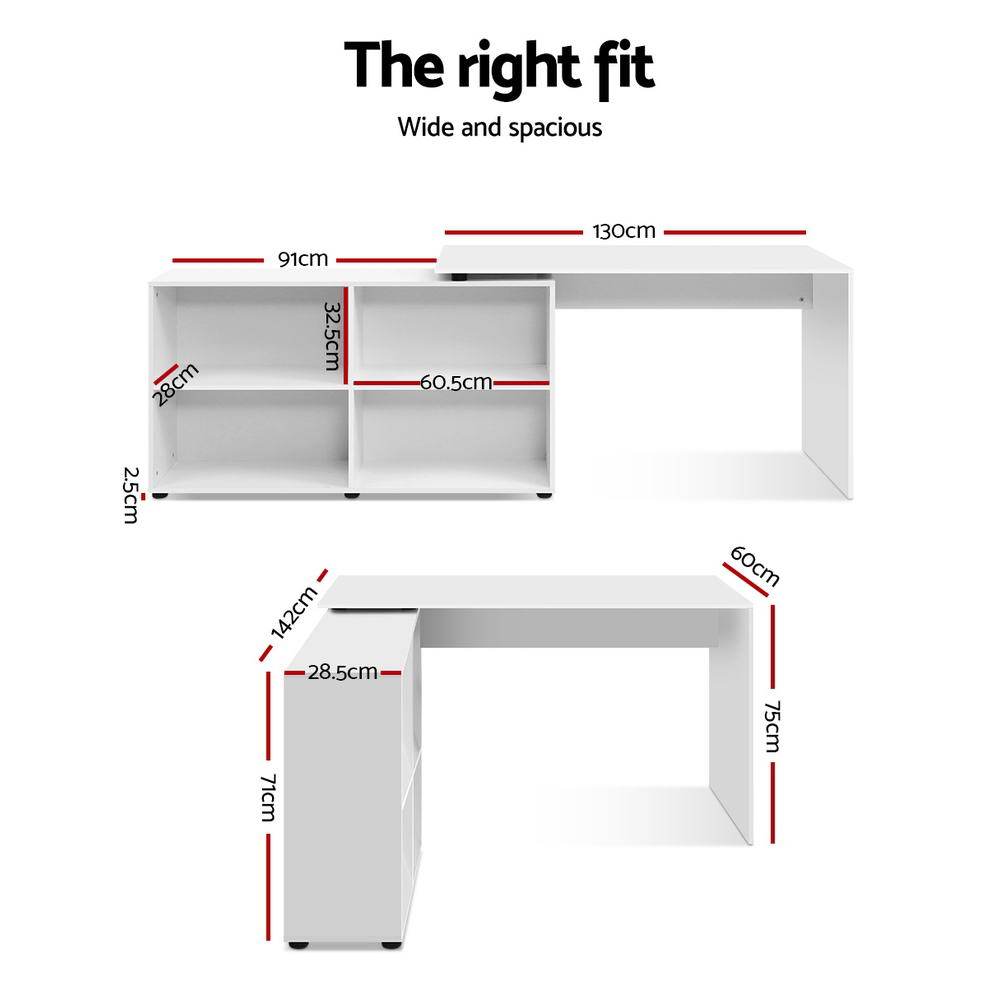 Artiss Office Computer Desk featuring an L-shaped design with a swivelling bookcase, showcasing a modern white finish and ample storage space.