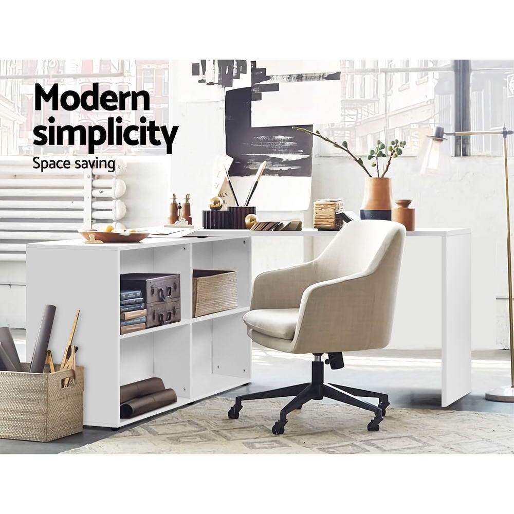 Artiss Office Computer Desk featuring an L-shaped design with a swivelling bookcase, showcasing a modern white finish and ample storage space.