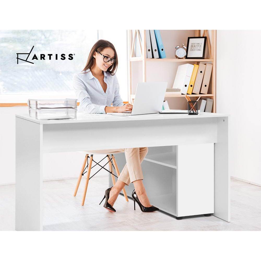 Artiss Office Computer Desk featuring an L-shaped design with a swivelling bookcase, showcasing a modern white finish and ample storage space.