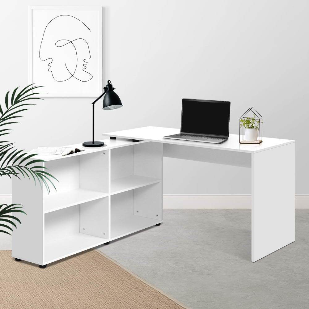 Artiss Office Computer Desk featuring an L-shaped design with a swivelling bookcase, showcasing a modern white finish and ample storage space.