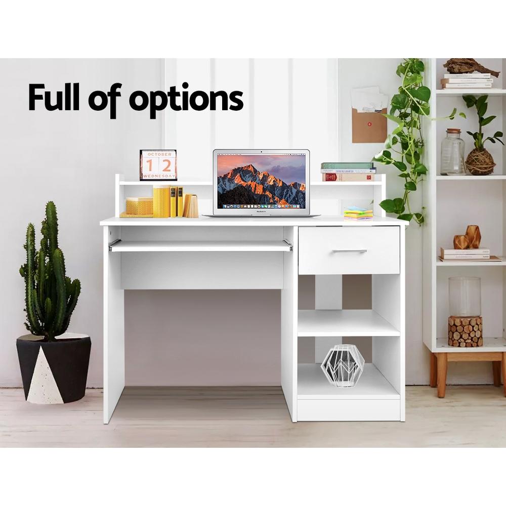 Artiss Office Computer Desk in White with storage features, including a slide-out keyboard tray and open shelves.