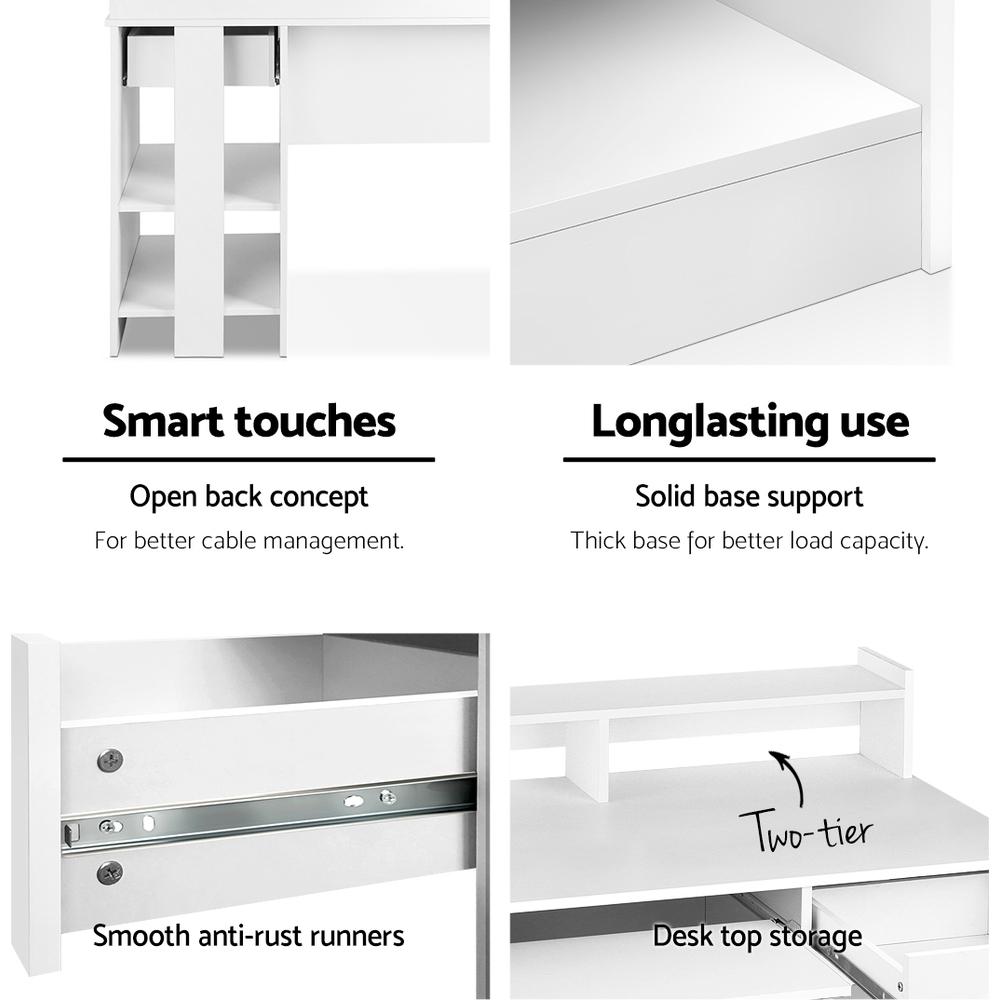 Artiss Office Computer Desk in White with storage features, including a slide-out keyboard tray and open shelves.