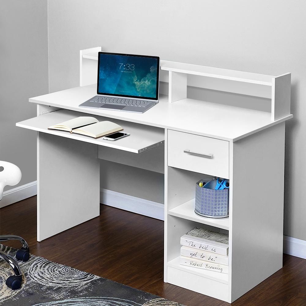 Artiss Office Computer Desk in White with storage features, including a slide-out keyboard tray and open shelves.