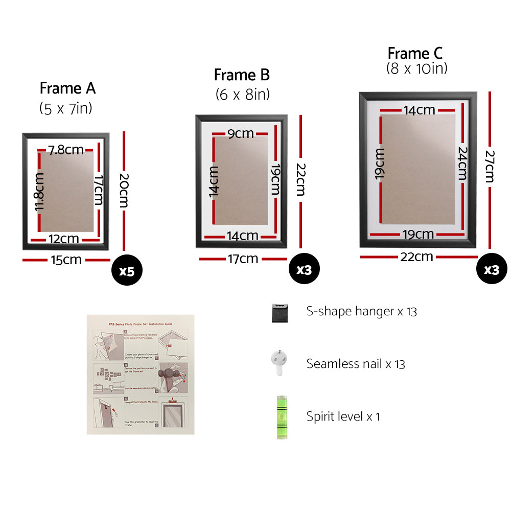 Artiss Photo Frames set featuring 11 black frames in various sizes, ideal for displaying cherished photographs on a wall.