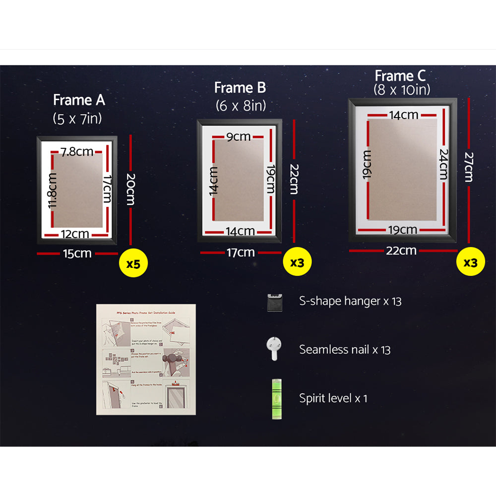 Artiss Photo Frames set featuring 11 black frames in various sizes, ideal for displaying cherished photographs on a wall.