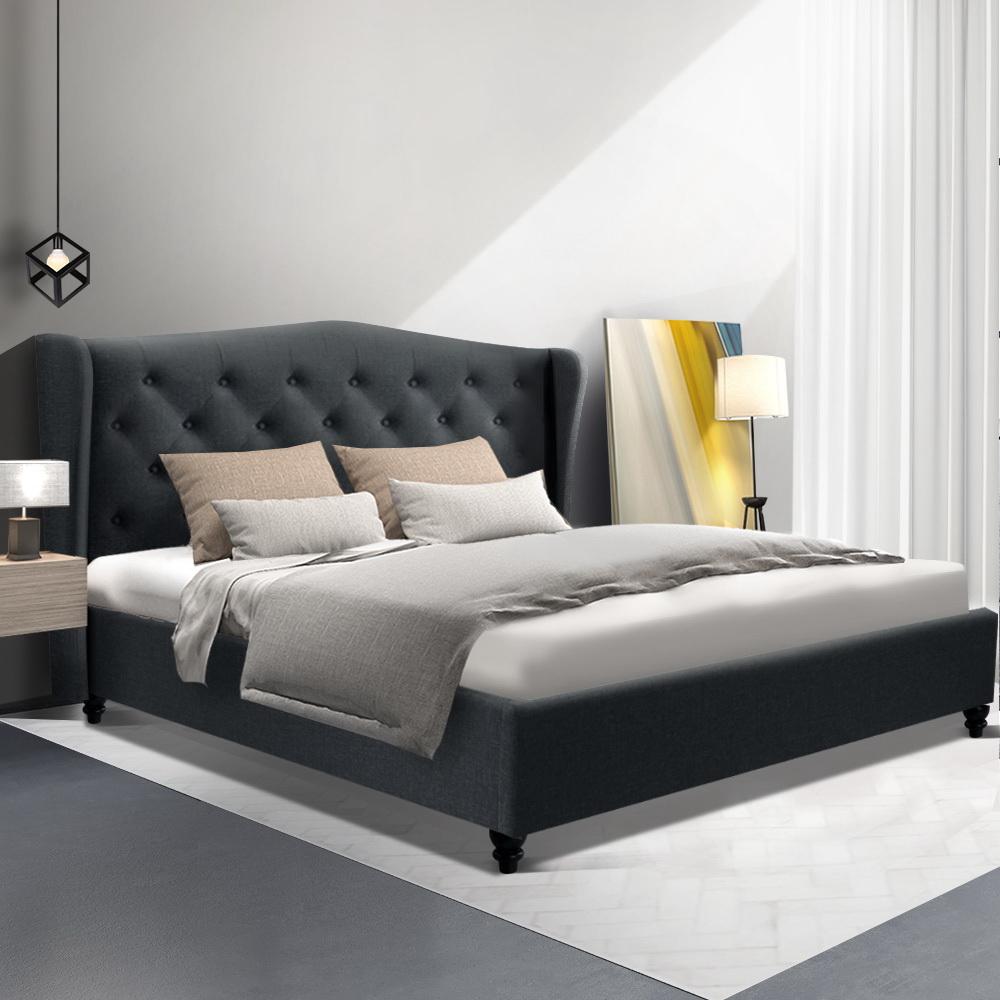 Artiss Pier Bed Frame in Charcoal with tufted headboard and sturdy steel frame, designed for queen-sized mattresses.