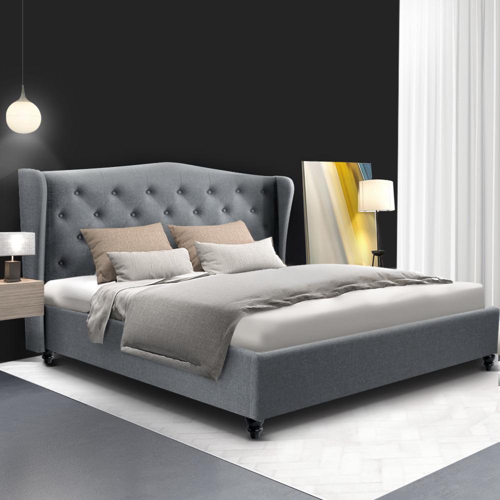 Artiss Pier Bed Frame in Grey featuring a tufted headboard and sturdy steel frame, designed for double mattresses.