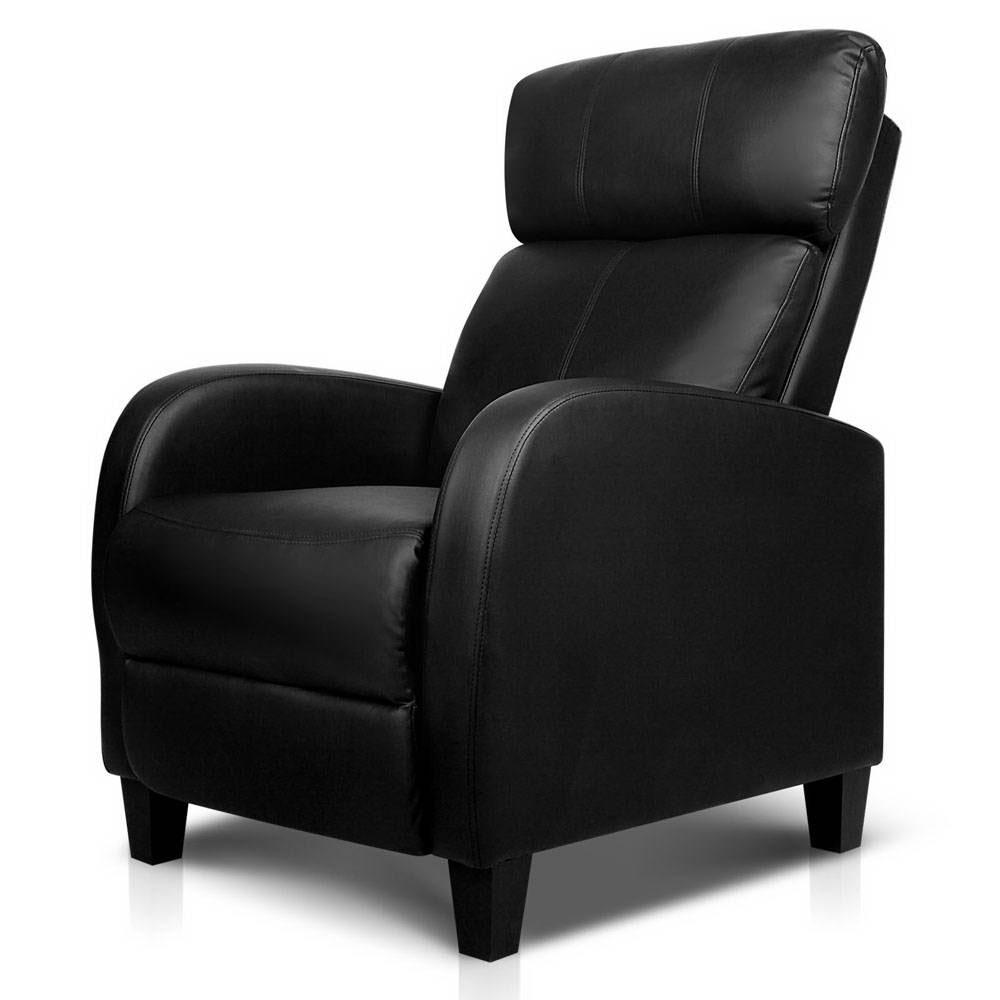 Artiss PU Leather Reclining Armchair in Black, showcasing its sleek design and adjustable reclining feature with a thick cushion.