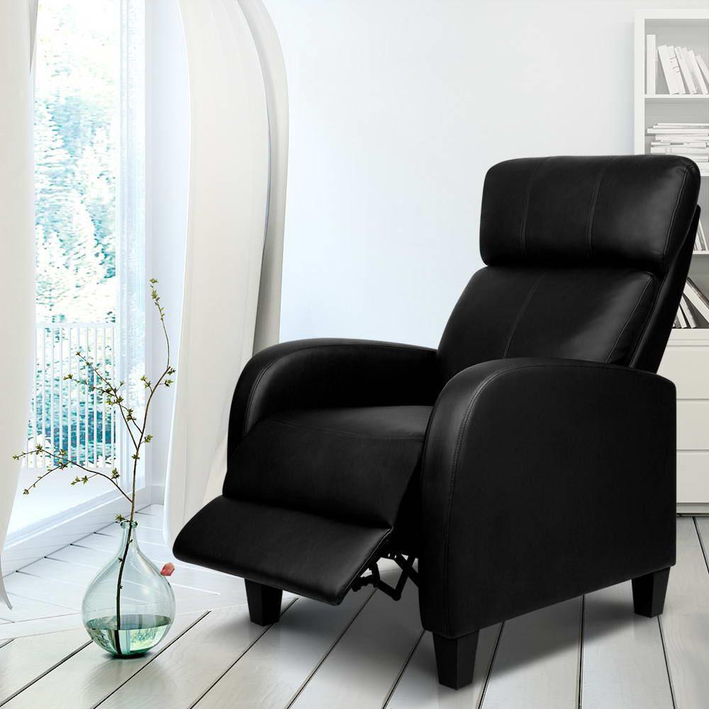 Artiss PU Leather Reclining Armchair in Black, showcasing its sleek design and adjustable reclining feature with a thick cushion.