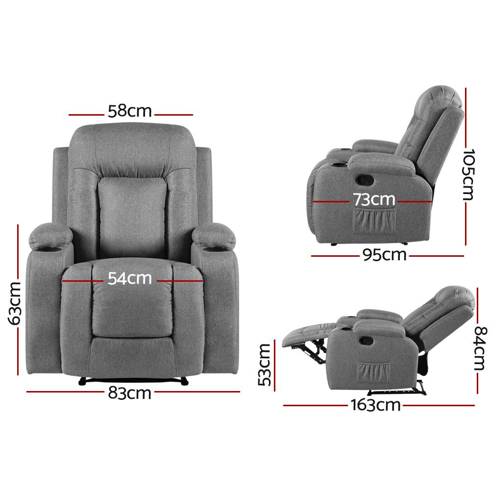 Artiss Recliner Chair in grey faux linen fabric with remote control, showcasing its 8-point massage and heating features.