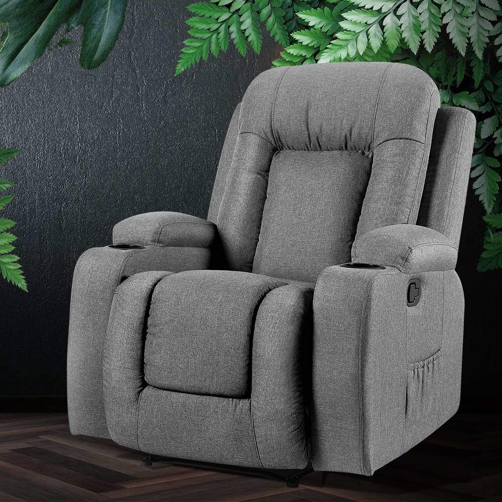 Artiss Recliner Chair in grey faux linen fabric with remote control, showcasing its 8-point massage and heating features.