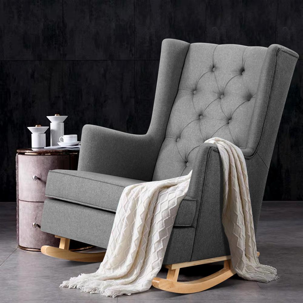 Artiss Rocking Armchair in grey linen fabric with tufted wingback design, showcasing its elegant and versatile style.