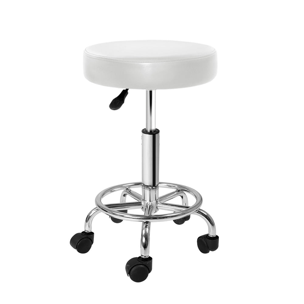 Artiss Round Chair Stool in white with a round seat, chrome base, and five castor wheels, designed for salons and beauty parlours.