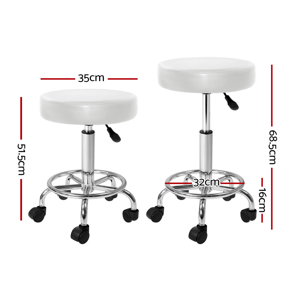 Artiss Round Chair Stool in white with a round seat, chrome base, and five castor wheels, designed for salons and beauty parlours.