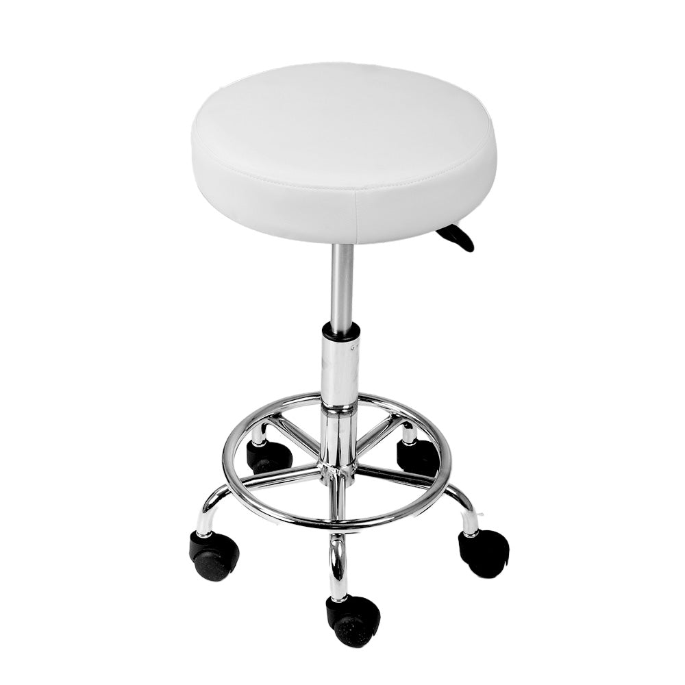 Artiss Round Chair Stool in white with a round seat, chrome base, and five castor wheels, designed for salons and beauty parlours.