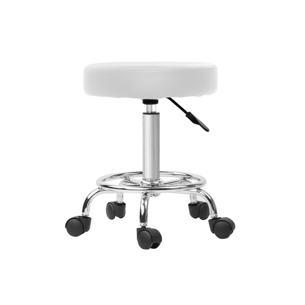 Artiss Round Chair Stool in white with a round seat, chrome base, and five castor wheels, designed for salons and beauty parlours.