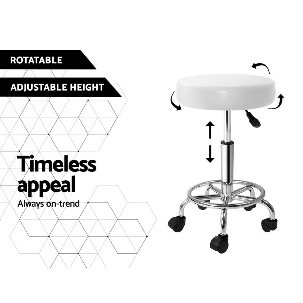 Artiss Round Chair Stool in white with a round seat, chrome base, and five castor wheels, designed for salons and beauty parlours.