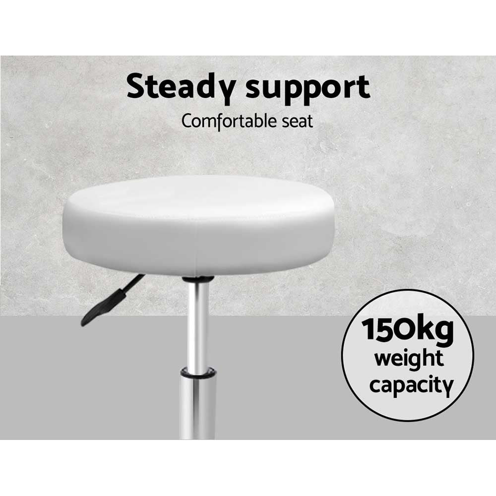 Artiss Round Chair Stool in white with a round seat, chrome base, and five castor wheels, designed for salons and beauty parlours.