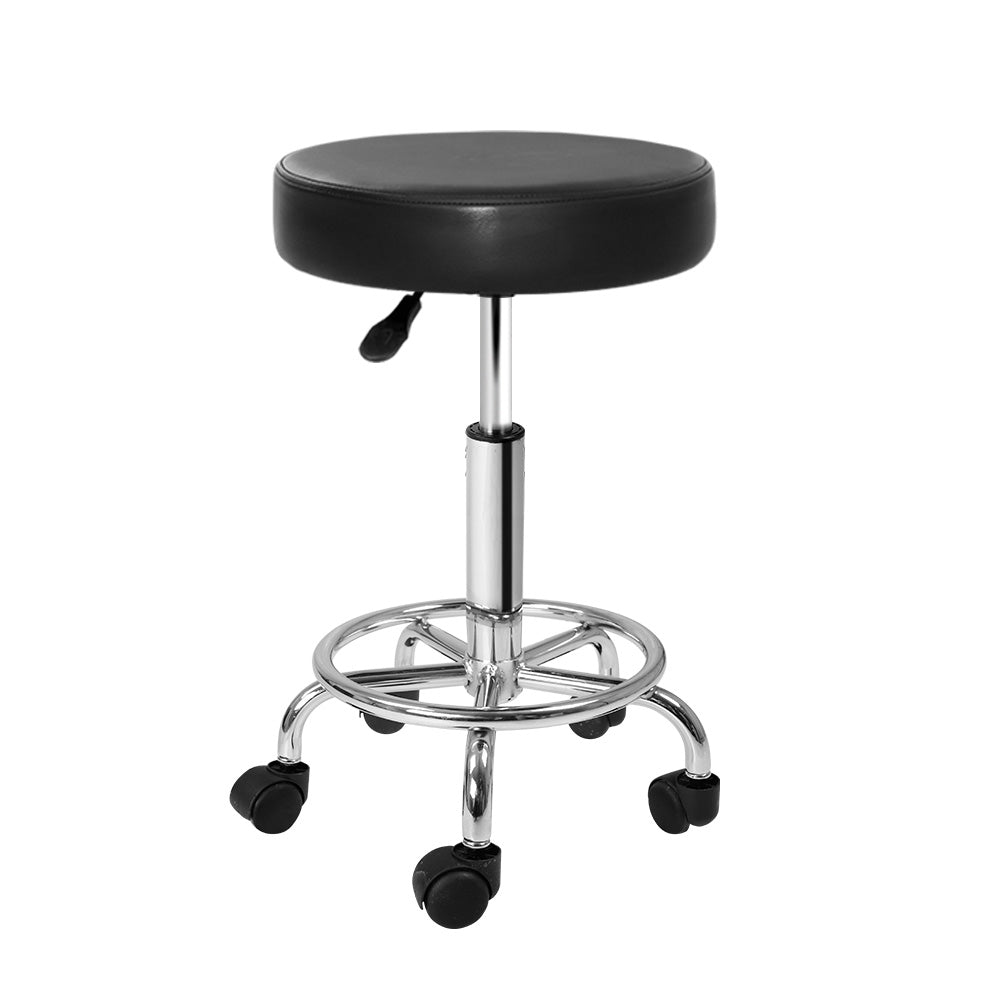 Artiss Round Salon Stool in Black PU with a sleek design, featuring a round seat, chrome base, and five castor wheels for easy mobility.