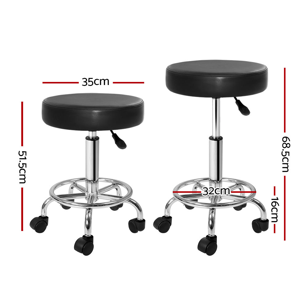 Artiss Round Salon Stool in Black PU with a sleek design, featuring a round seat, chrome base, and five castor wheels for easy mobility.