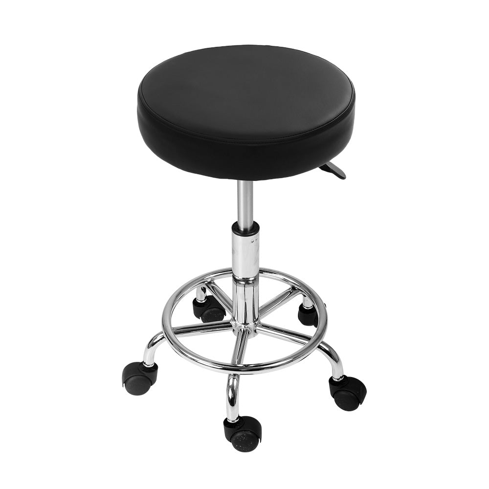 Artiss Round Salon Stool in Black PU with a sleek design, featuring a round seat, chrome base, and five castor wheels for easy mobility.